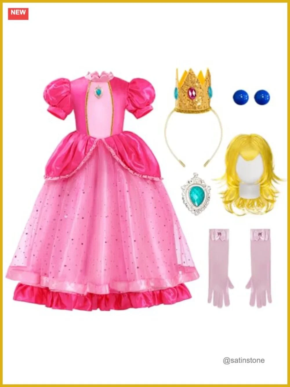 Kids Princess Costume Set Dress with Wig Crown Gloves Earrings Halloween